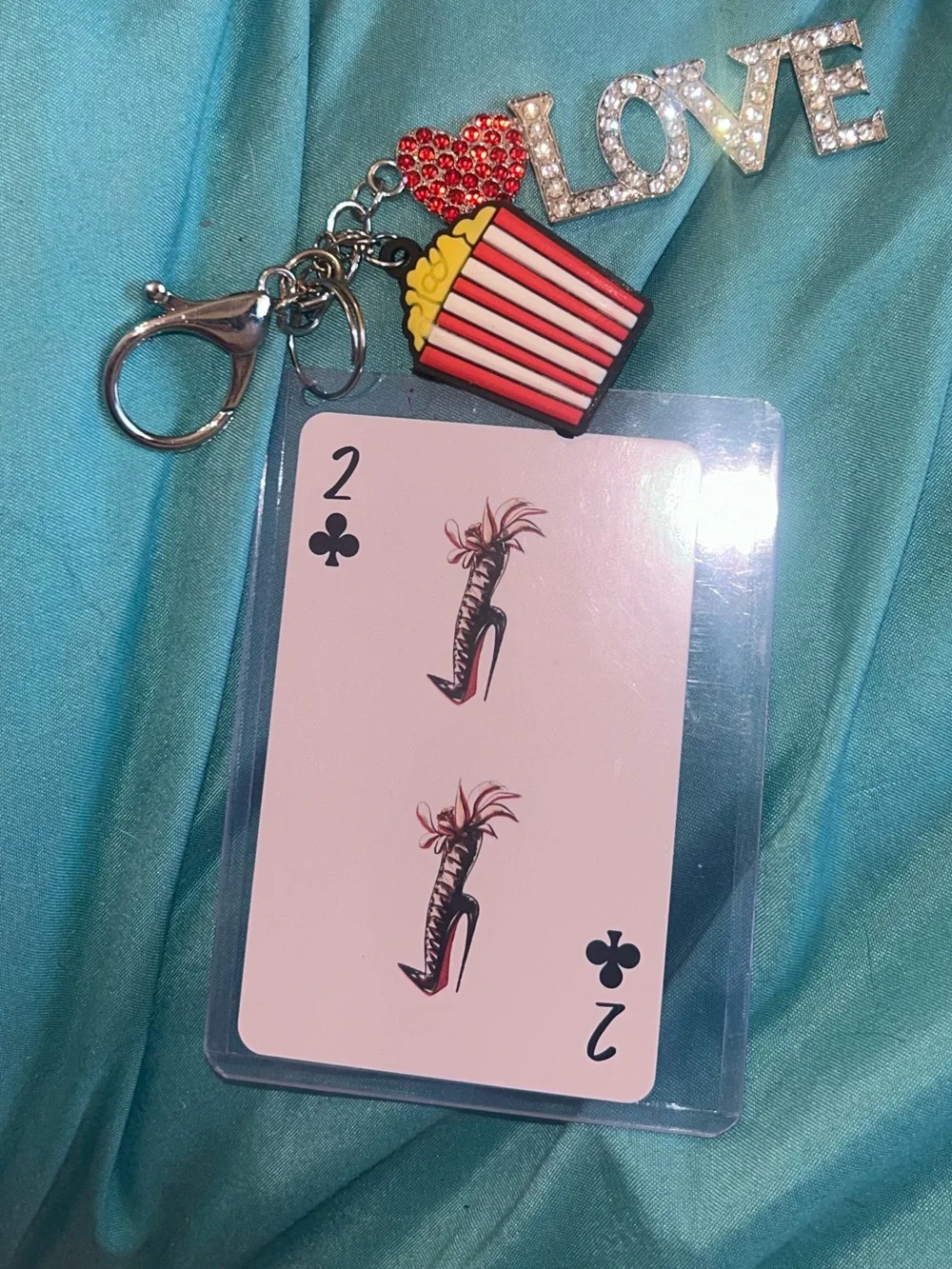 Christian Louboutin 2 of clubs in case  w/LOVE' Keychain &  Popcorn Charm